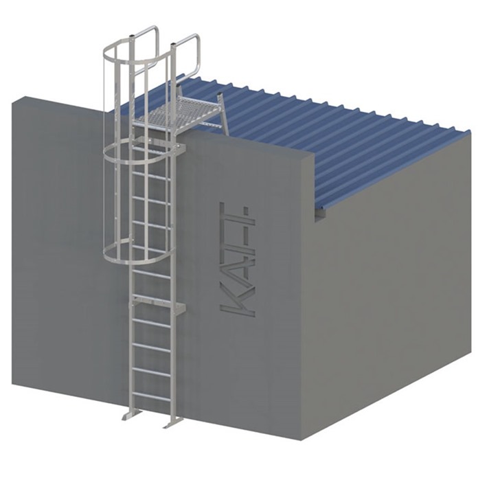 Vertical caged ladders with parapet landing