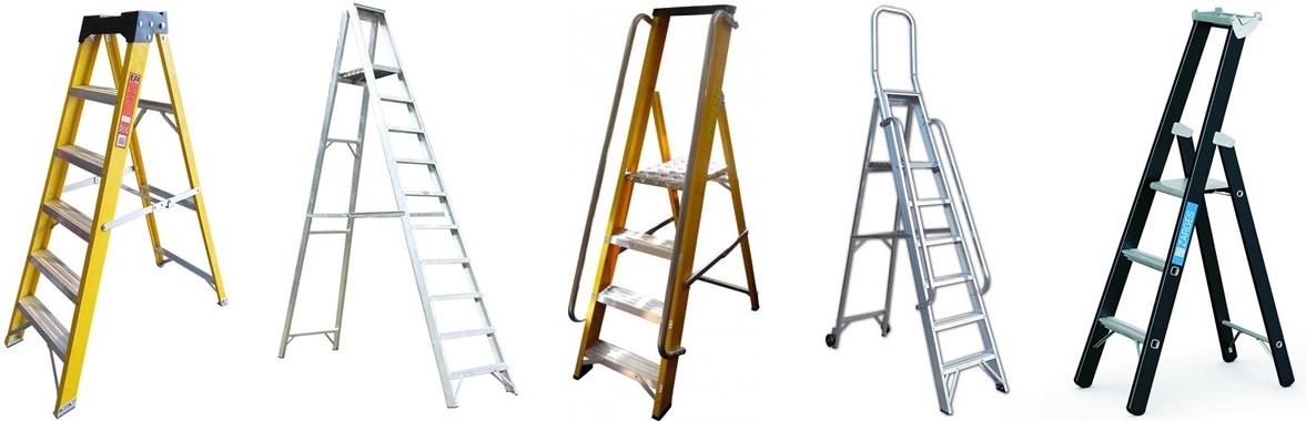 wide selection of different step ladders including heavy duty step ladders, fibreglass step ladders, step ladders with hand rails, tall step ladders and short step ladders