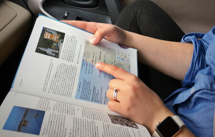 passenger in car looking at map in travel guide - how to say ladder in different languages